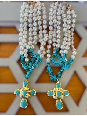 Turquoise Cross Pearl Necklace NWT